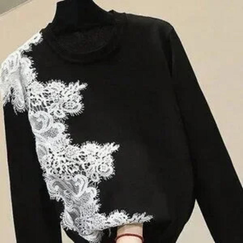 ZARA Black Classic Women's Casual Crew Neck Sweater with Lace Trim